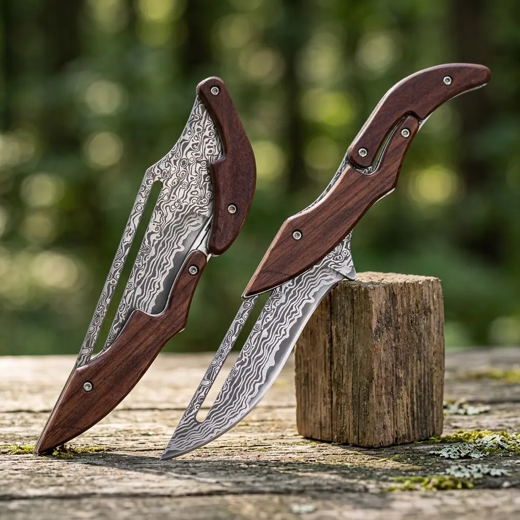 Premium Damascus Steel Folding Pocket Knife with Wooden Handle, Portable Multifunctional Knives for Adults, Ideal Gift