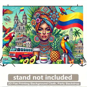Vibrant Colombia Party Backdrop – Colorful Colombian Woman with Coffee, Palm Trees, Parrots & Flag, Perfect for Birthday, Wedding & Themed Celebrations – Traditional Outfit & Coffee Cup Design Home or Office Décor