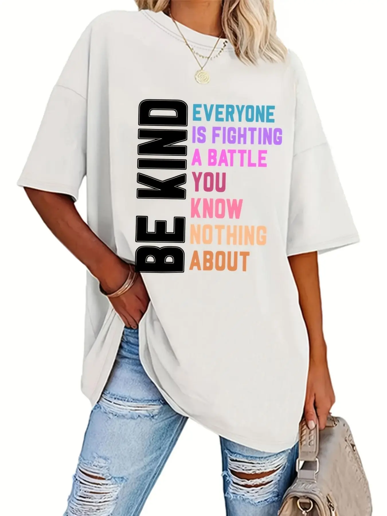 Unisex Oversized 100% Cotton Baggy Round Neck Print T-Shirt - Colorful Pastel Rainbow 'Be Kind' Inspirational Mental Health Casual Sports Top, Comfortable Short Sleeve, Breathable, Pairable with Denim Skirts, Leggings, Accessories