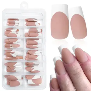 French Colorblock Press on Nails, 120pcs/set Medium Square Fake Nails, Removable Matte Nude Artificial False Nails for Women DIY Nail Art