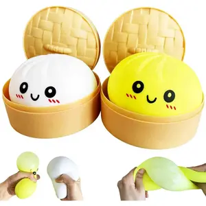 2Pack Dumpling Squishies Toy with Steamer,Colorful Slow Rising Stress Ball,Stretchy Fidget Sensory Toy for Anxiety Relief,Perfect Easter Basket Stuffers for Kids and Adults(White + Yellow)