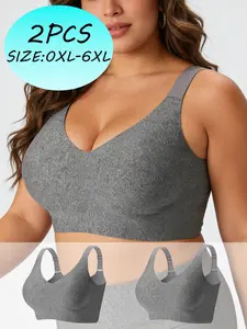 2PCS Plus Size Solid Color Sports Bras for Women,Full coverage, seamless and wire-free.Designed for comfort, support and style,they are the ideal fashionable choice for everyday wear.