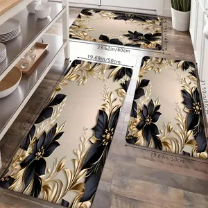 Luxury Floral Kitchen Rugs Set of 2, Non-Slip Absorbent Washable Floor Mats, Black & Gold 3D Flower Print, Perfect for Kitchen, Bathroom, Entryway & Modern Home Decor