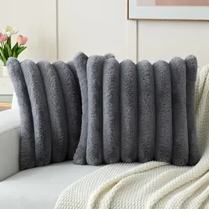 Grey Decorative Throw Pillow Covers 18x18 Inch Set of 2, Square Soft Faux Fur Thick Striped Cushion Cover,Home for Couch Bed Living Room