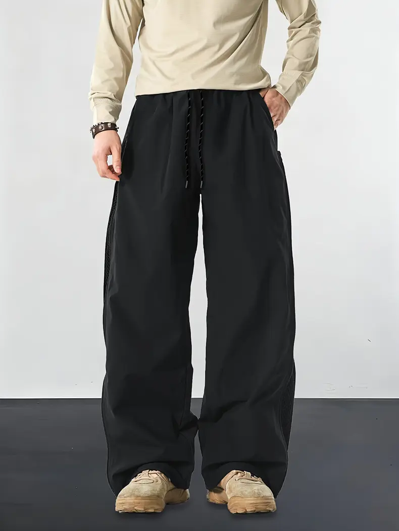 Men's Double-Zip Mesh Parachute Cargo Pants, Baggy Wide Leg Techwear Streetwear Trousers, Breathable Drawstring Casual Pants HML-3109