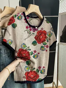 Floral Print Round Neck Sweater, Casual Short Sleeve Knitwear for Spring Summer Fall, Comfortable Warm Women's Clothing