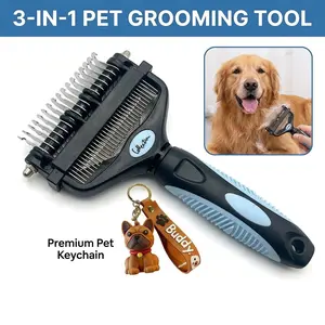 3-IN-1 Pet Grooming Tool - Slicker Brush, Undercoat Rake, Dematting Comb with Stainless Steel Components for Cats & Dogs - 3-in-1 Design Supports Beauty/Hair Care via Regular Use to Remove Mats, Tangles, Loose Fur, Reduce Shedding (Blue, Sleek EZ)
