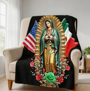 Virgin Mary Flannel Blanket With USA & Mexico Flag Floral Print Soft Warm Lightweight For Home Decor Enhances Aesthetic Appeal