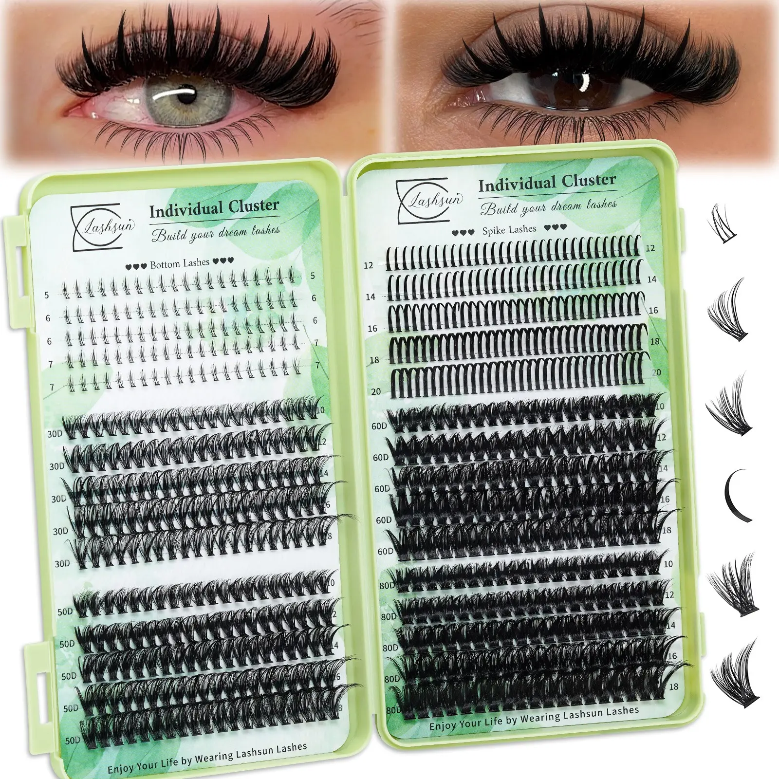Lashsun 650pcs Volume Spiky Lash Clusters, D‑Curl Mixed Styles, 5‑7mm/10‑18mm/12‑20mm, with Bond & Seal Brush, Easy to Apply for Beginners and Professionals, Eyelash Extensions