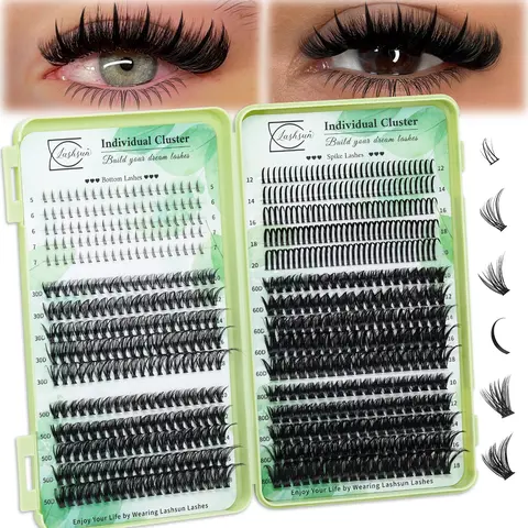 Lashsun 650pcs Volume Spiky Lash Clusters, D‑Curl Mixed Styles, 5‑7mm/10‑18mm/12‑20mm, with Bond & Seal Brush, Easy to Apply for Beginners and Professionals, Eyelash Extensions, Volume Cluster Lashes, Volume Eyelashes
