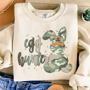 Egg Hunter Camo Bunny Sweatshirt, Hunting Easter Sweatshirt, Camouflage Easter Bunny Hat Sweatshirt, Hand Drawn Easter Outfit For Boys