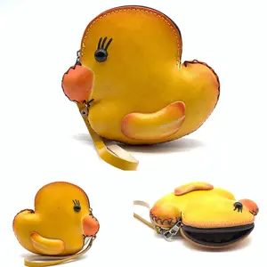 Handmade Vintage Genuine Leather 3D Animal Yellow Duck Coin Purse with Removable wrist strap