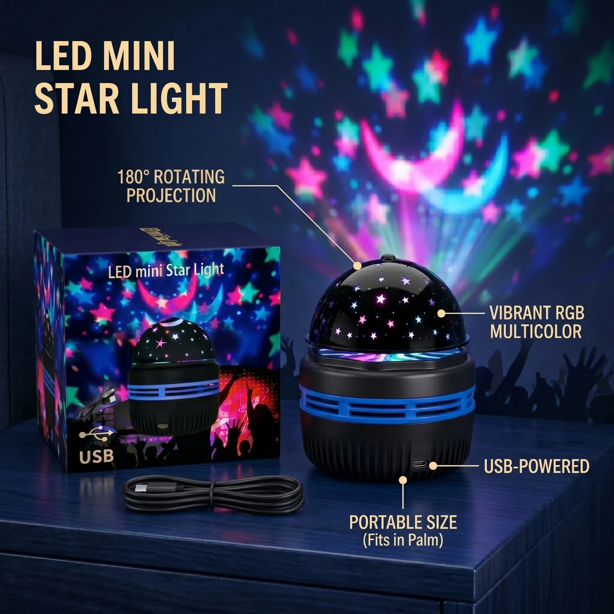 Mini Star Night Light Projector Lamp - RGB LED Starry Ceiling Stars Lamp, USB-Powered Portable Rotating Mood Glow Magic Cube Projector for Kids Bedroom, Whimsical Room Decor, LED Lights for Bedroom