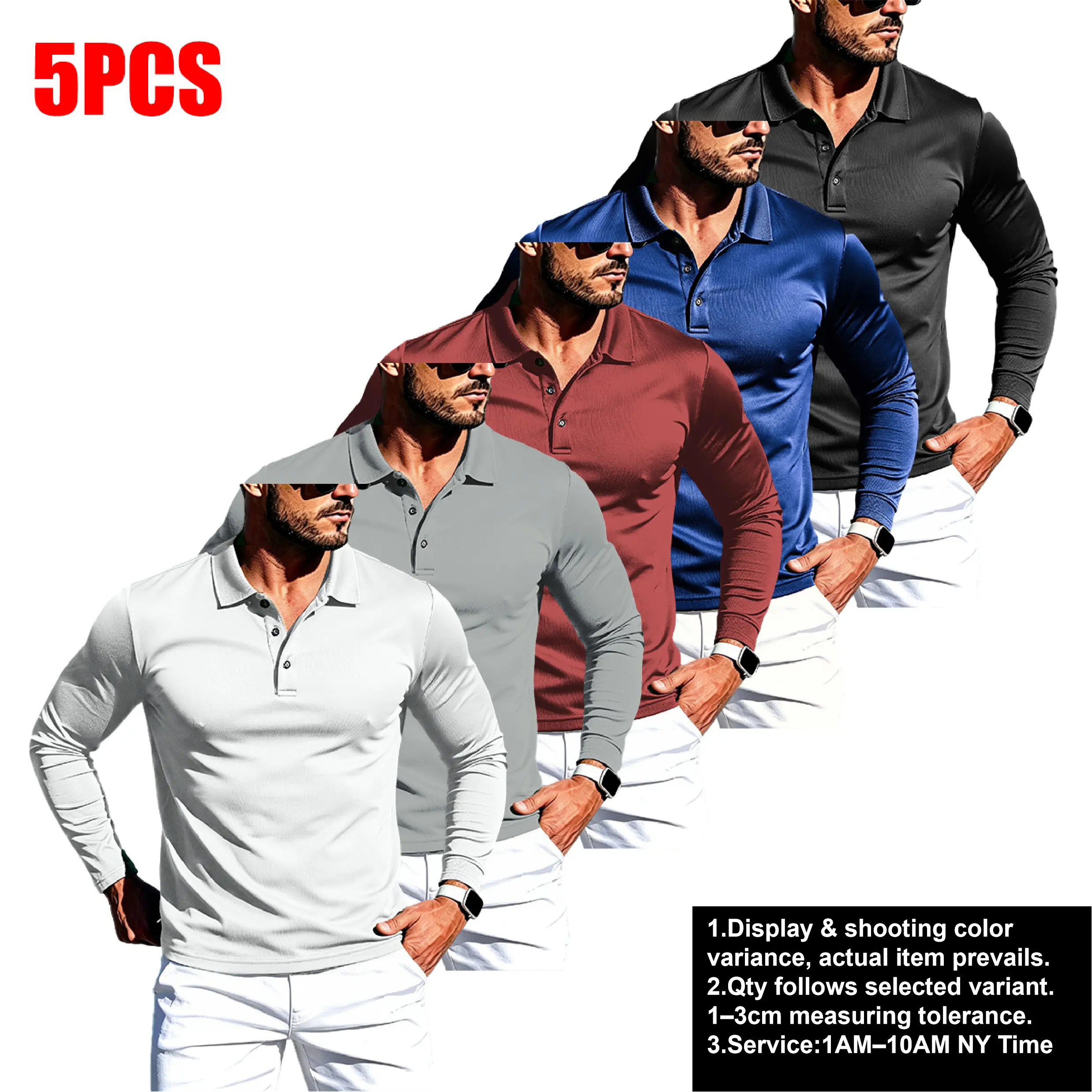 Men’s Regular Fit 5-Pack Long-Sleeve Speed Dry Polo Shirts - 100% Polyester Piqué Mesh with Mesh Holes, Collared Outdoor Golf Sport Tops (note: slight color difference may occur due to lighting or display variations; refer to actual item’s color)