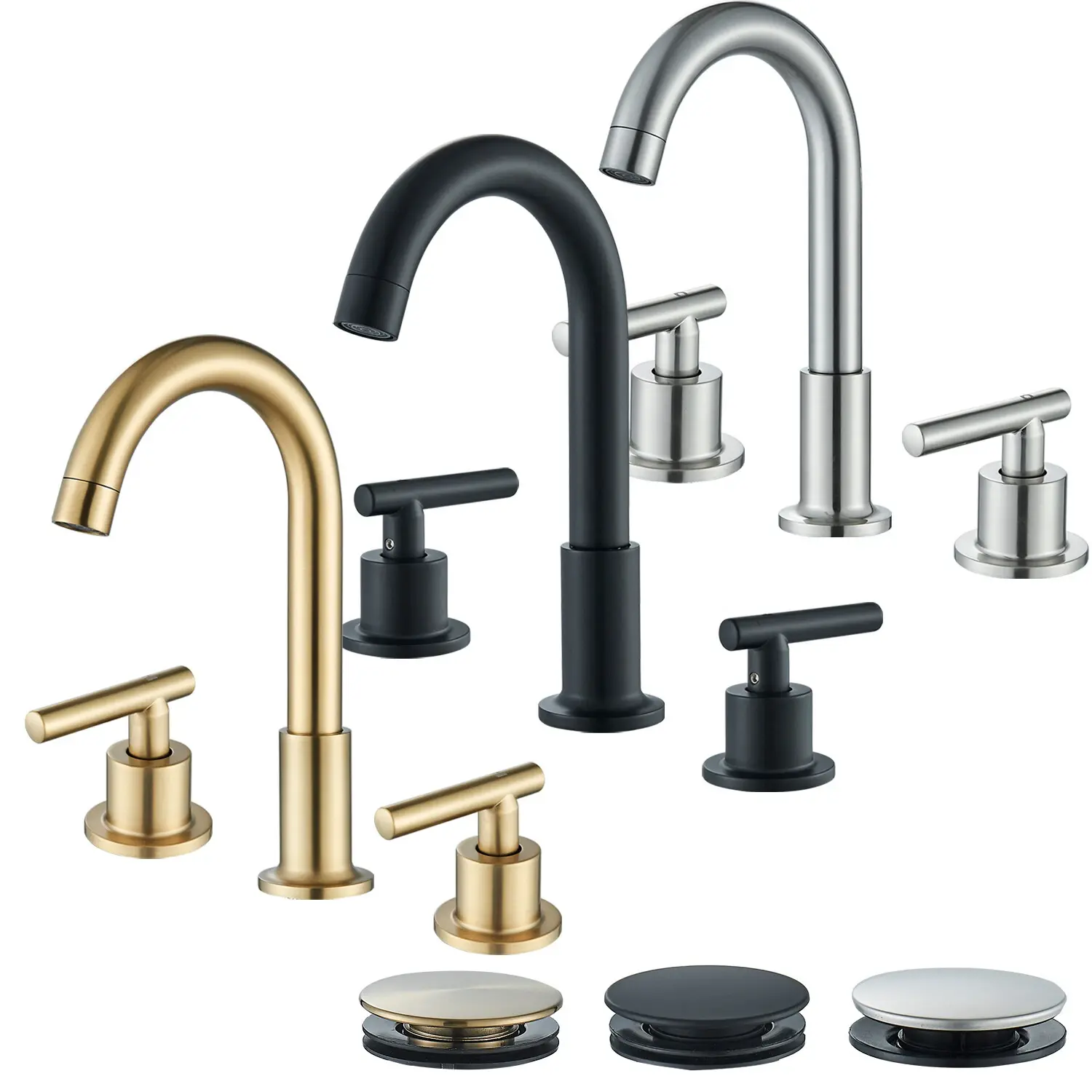 8" Widespread 2-Handle Bathroom Faucet Set (3-Hole Mount) - Brushed Nickel/Matte Black/Brushed Gold, Plastic Body, Modern Complete Kit with Overflow Drain, Supply Lines, 360° Swivel for RV & Vanity Sinks