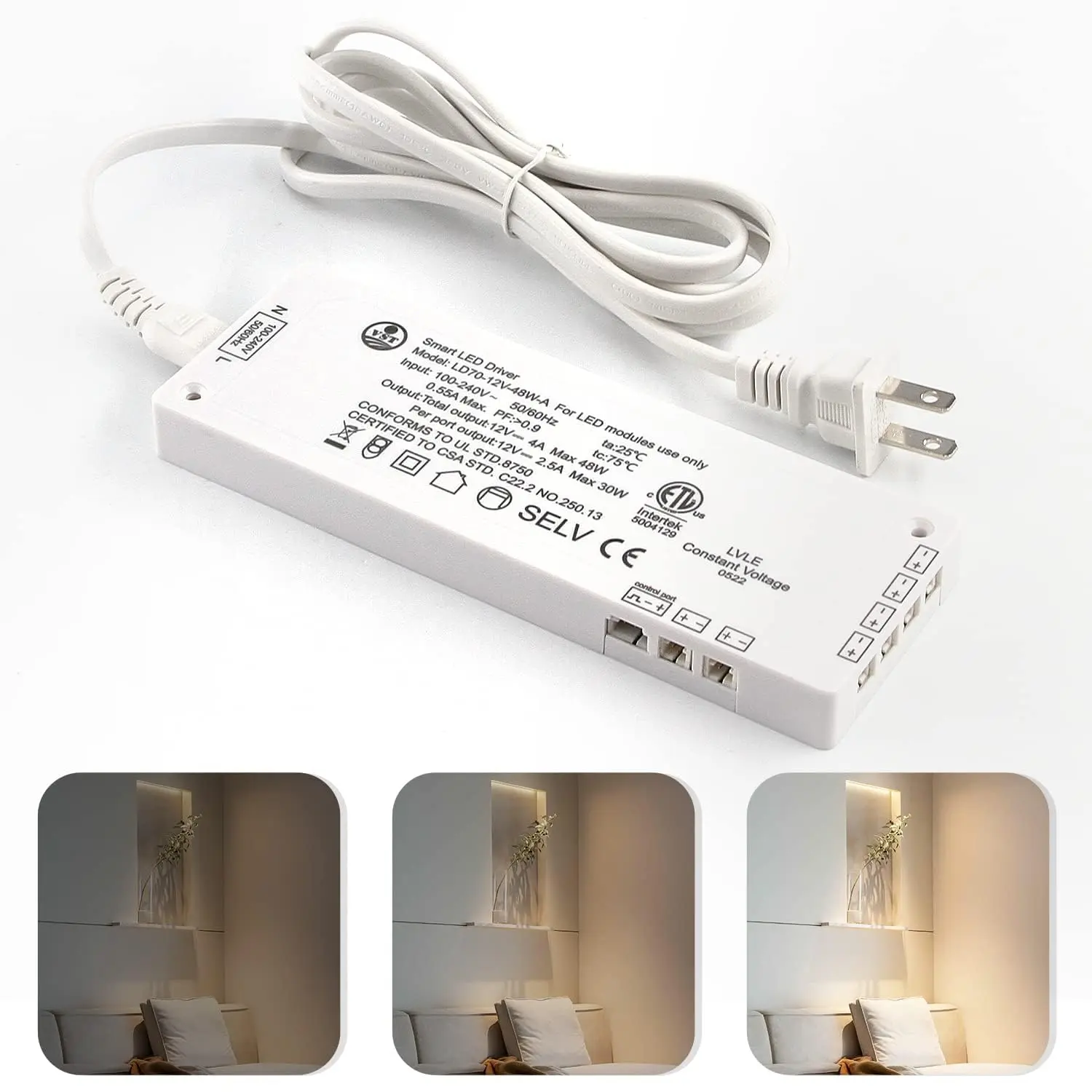 VST Metal 12V DC Power Supply - 30W/48W 100V-240V AC to DC Transformer, ETL-Certified Overload-Protected Driver with 12V JST Ports for Strip Lights, Under Cabinet Lights (4A Max)