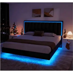 Floating Bed Frame With LED Light, Upholstered Platform Bed With PU Leather, Noise-Free, Easy Assembly, Full/ Queen/ King, Black/ White ( USB LED Strip)