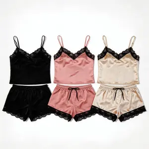 Women's 6-Piece Elegant Vintage Satin Black Lace Bridal Floral Pajama Set - Sexy Elastic Fabric, Customized Fit, Adjustable Spaghetti Strap Camisole & Shorts, Lightweight Ultra-Soft Silky Loungewear, XS-L Sizes for Home & Summer Use, Camisole Sets