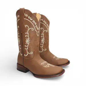 Womens Square Toe Western Boot – Genuine Leather Embroidered Shaft H222631