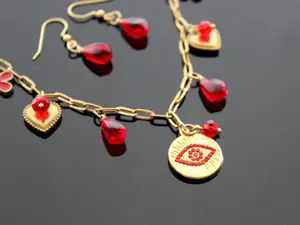 Abagaryan ART Handmade Evil Eyes Charm Pomegranate Floral Necklace with Earrings - Red Flowers & Red Teardrop Charms on Chain Unisex Jewelry