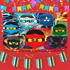 Ninja Themed Happy Birthday Backdrop - Colorful Block Character Style Party Background Banner for Boys-#NinjaPartyBackdrop #BoysBirthdayDecor #BlockCharacterParty #ActionHeroParty