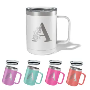 Initial Monogram Travel Coffee Mug, Reusable Drinkware Cup Washable Lid Steel Engraved Handmade Insulated Portable Stainless Sturdy Water Bottles