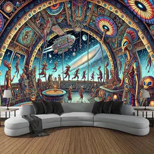 1pc Extra Large 243.84x182.88 cm Psychedelic Space Tapestry - Vibrant Polyester Wall Hanging with Cosmic Scene, Planets, Aliens, and Astronauts - Perfect for Living Room, Bedroom, Office, or Party Decor, Space Room Deco