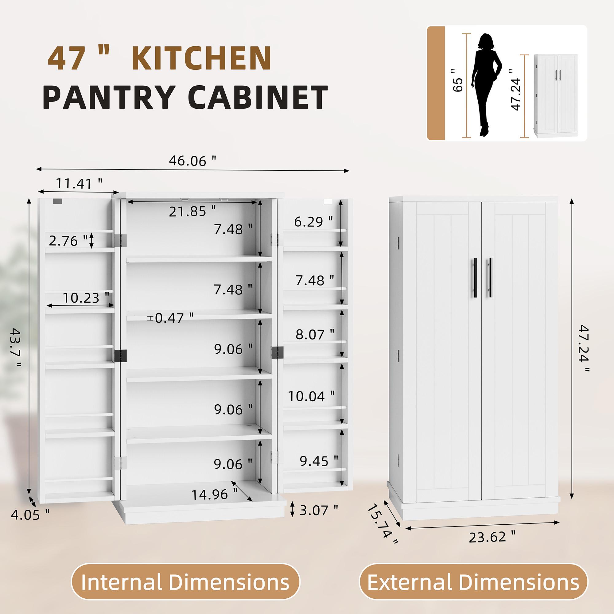 Walsunny Kitchen Pantry Storage Cabinet, 47" Pantry Cabinets with Doors and 5-Tier 12 Adjustable Shelves, Freestanding Pantry Cupboard for Kitchen, Dining Room, Living Room Adjustable beverage Shelves for Living Room and Dinning Room, Sideway Organizer