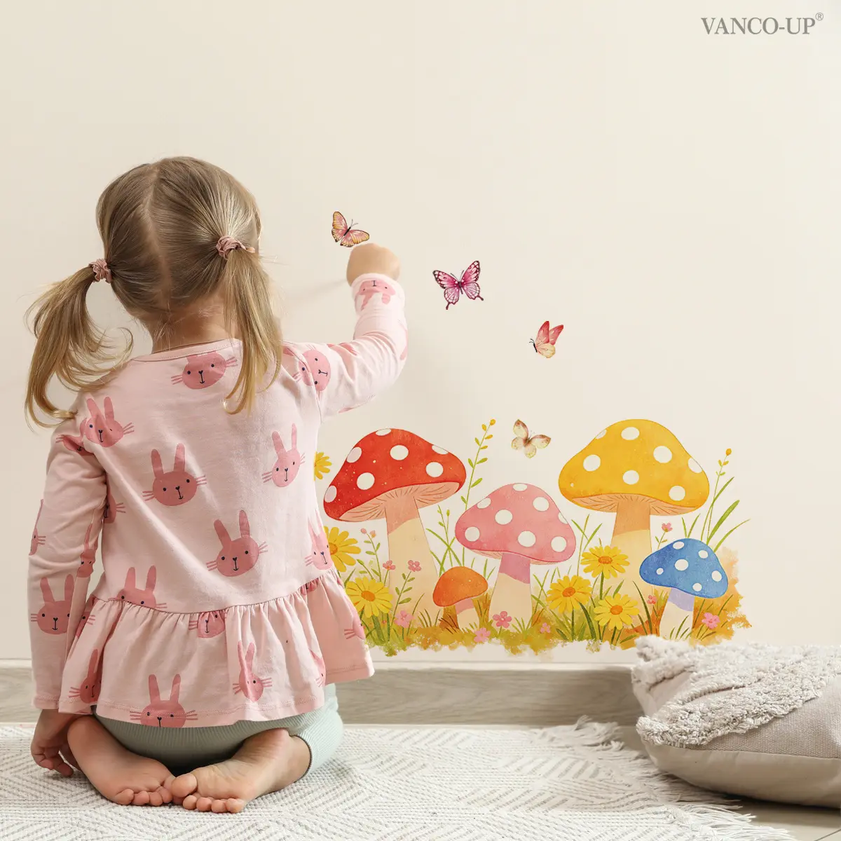 1Pc (30*60cm) Watercolor Rainbow Mushroom Wall Sticker, Forest Style Childlike Theme, Self-adhesive Wall Decor Sticker for Kids Room