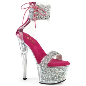 Women's 7-Inch Heel Footwear, SKY-327RSI Hot Pink Silver Rhinestone Platform Heels, Elegant Stylish Fashion Shoes