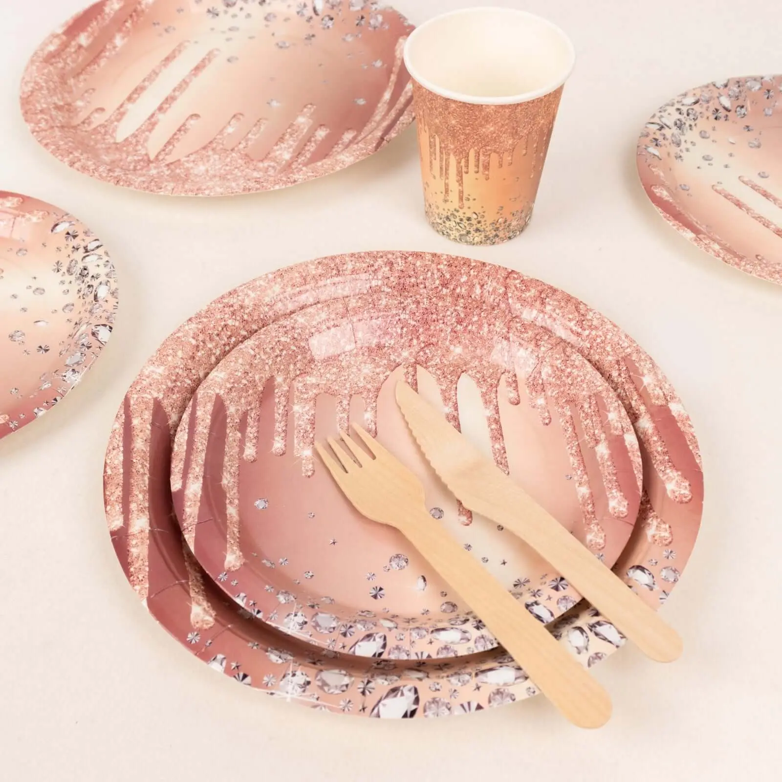 72-Piece Disposable Paper Dinnerware Set, Rose Gold Diamond Glitter Drip Pattern Party Plates & Cups Combo-Pack for Wedding, Holiday Party