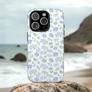 Little blue wildflower bow Pattern Glossy Double Layer Phone Cases For iPhone 16/15/14/13/12/11/ProMax/Pro/Plus For Samsung Galaxy S21/S22/S23/S24/S25/FE/Ultra Fashion Girly Unique Women Men Case PC+TPU Shockproof Anti-Drop Protective Design Casing Cover