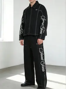 Men's Stylish 2-Piece Set with Zipper Collar Long Sleeve Shirt, Elastic Pants with Slit Hem Design for Casual Fall & Winter Wear