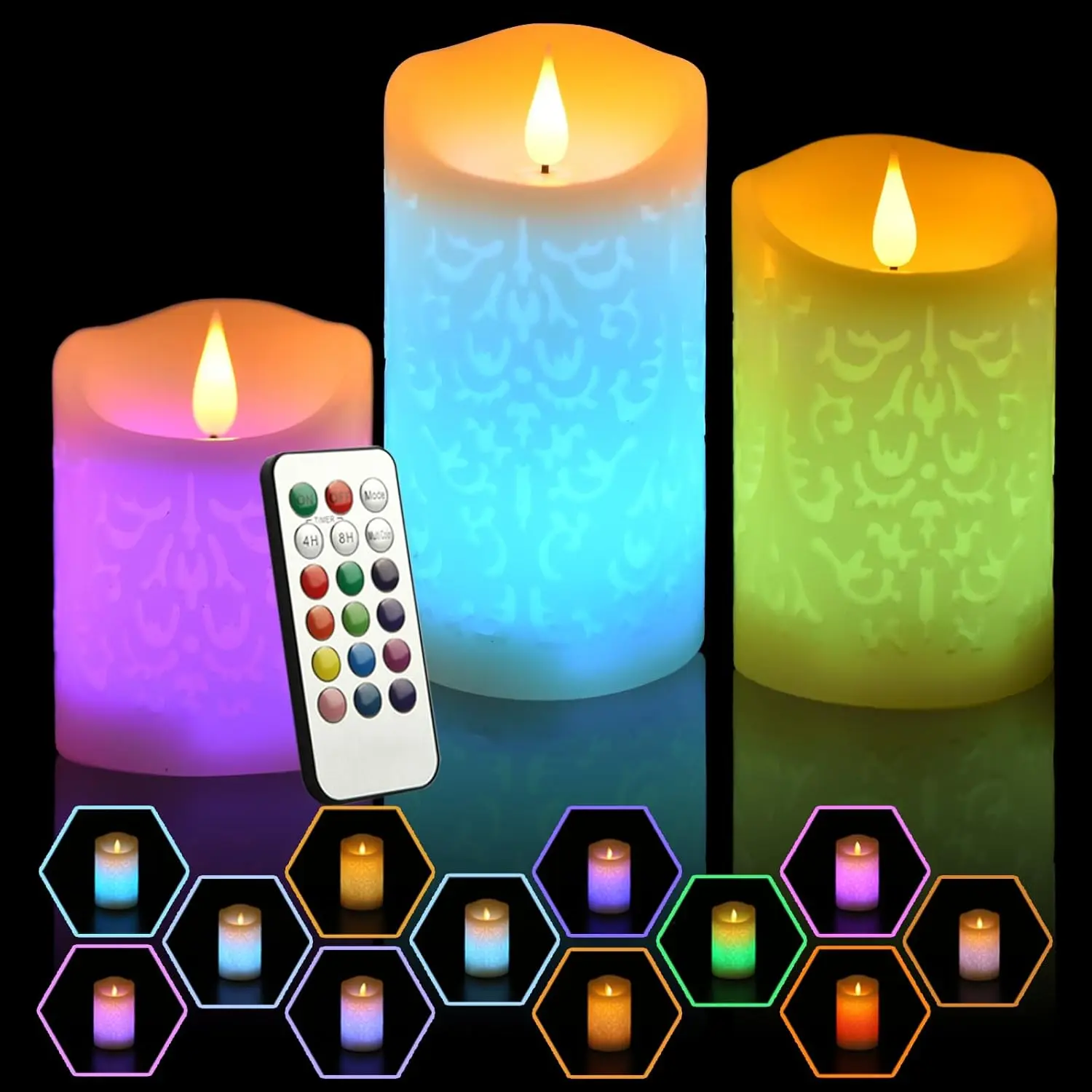 3 count LED Multi Colored Flameless Candles with Remote Control Timer Color Changing Candles Realistic Wax  Operated Candles with Flickering Flame, D3 x H4 5" 6"