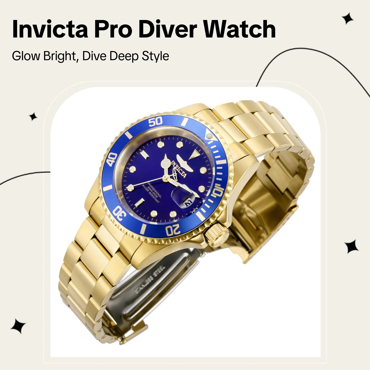 Invicta Men's Pro Diver Glow-in-the-Dark Self-Luminous Quartz Watch - 40mm Gold Tone, Blue Dial, Stainless Steel Bracelet, 200M Dive Rated, Cyclops Date, Authentic, New in Box, Glow-In-The-Dark Quartz Watches, Self-Luminous Quartz Watches