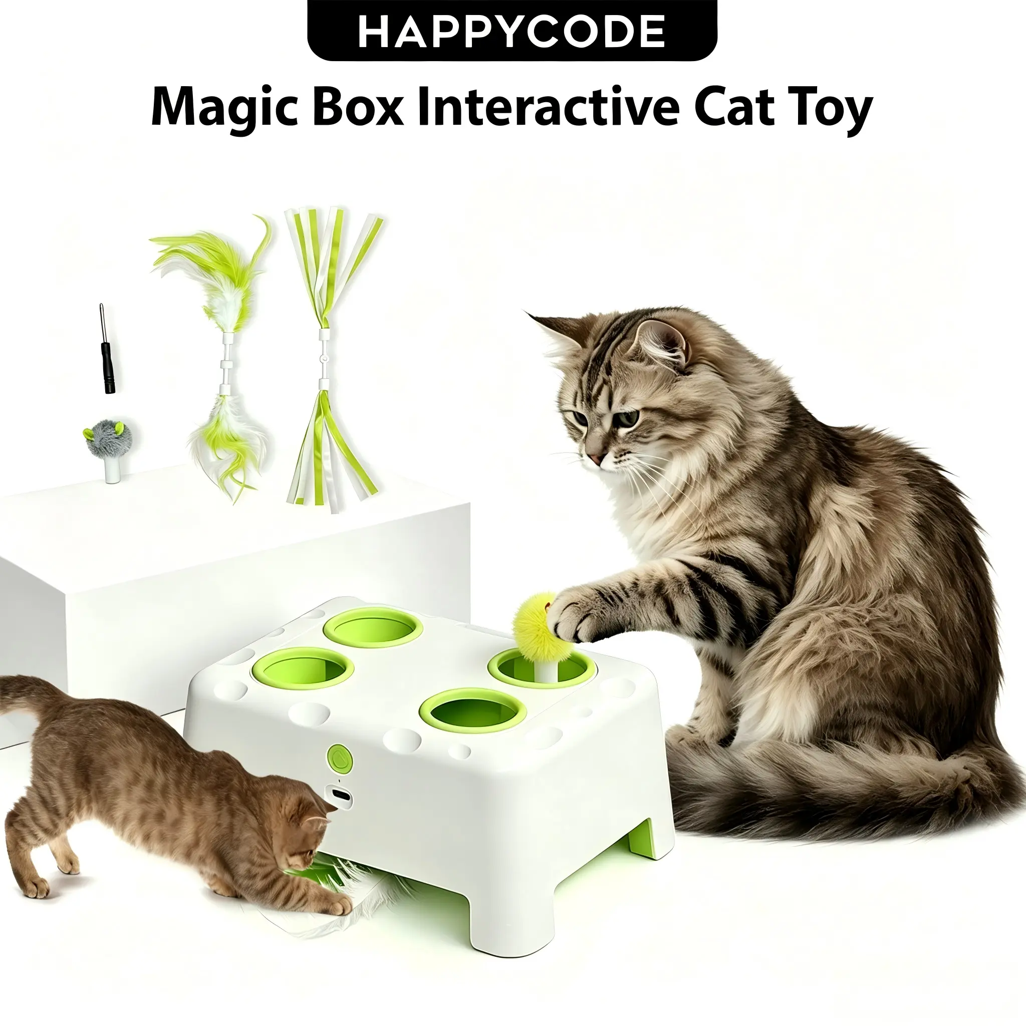 HAPPYCODE Magic House Interactive Cat Toy, Automatic 3-in-1 Electric Cat Toy for Indoor Cats, Smart Whack-a-Mole & Rotating Feather Wand Toy, Boredom Relief Cat Entertainment Toy,International Cat Day