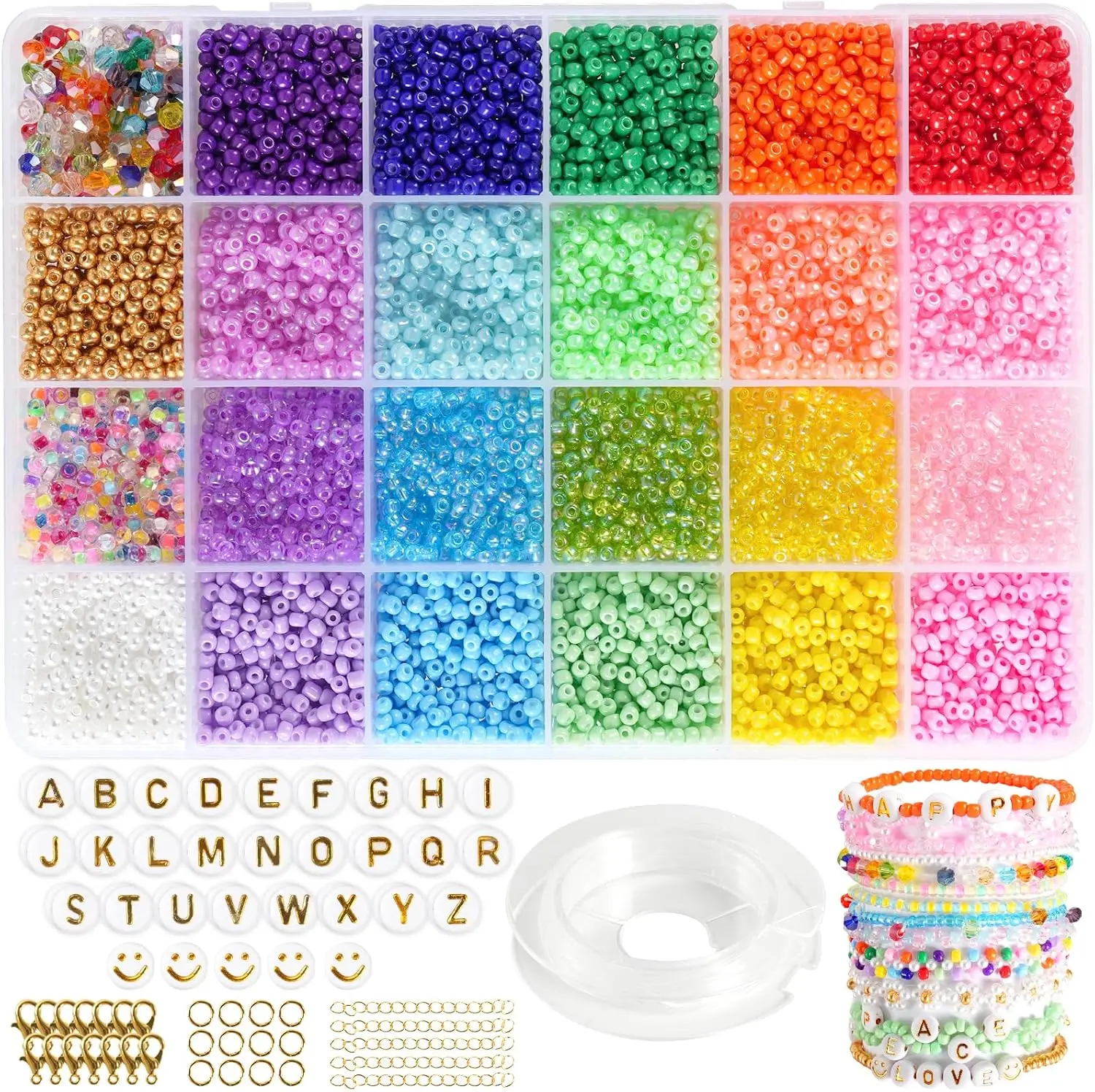 3mm Small Glass Seed Beads Jewelry Making Kit (8800Pcs Vibrant Mini Pieces) with String, Letter Beads, Smiley Face Accents, Gold Accents, Rings, Chains & Lobster Clasp for Bracelets DIY Projects