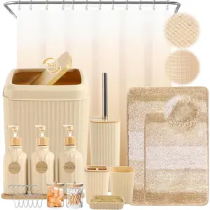 32-piece beige complete bathroom set with shower curtain rugs, 3-piece lotion/soap dispenser set, black decorative bathroom accessories set
