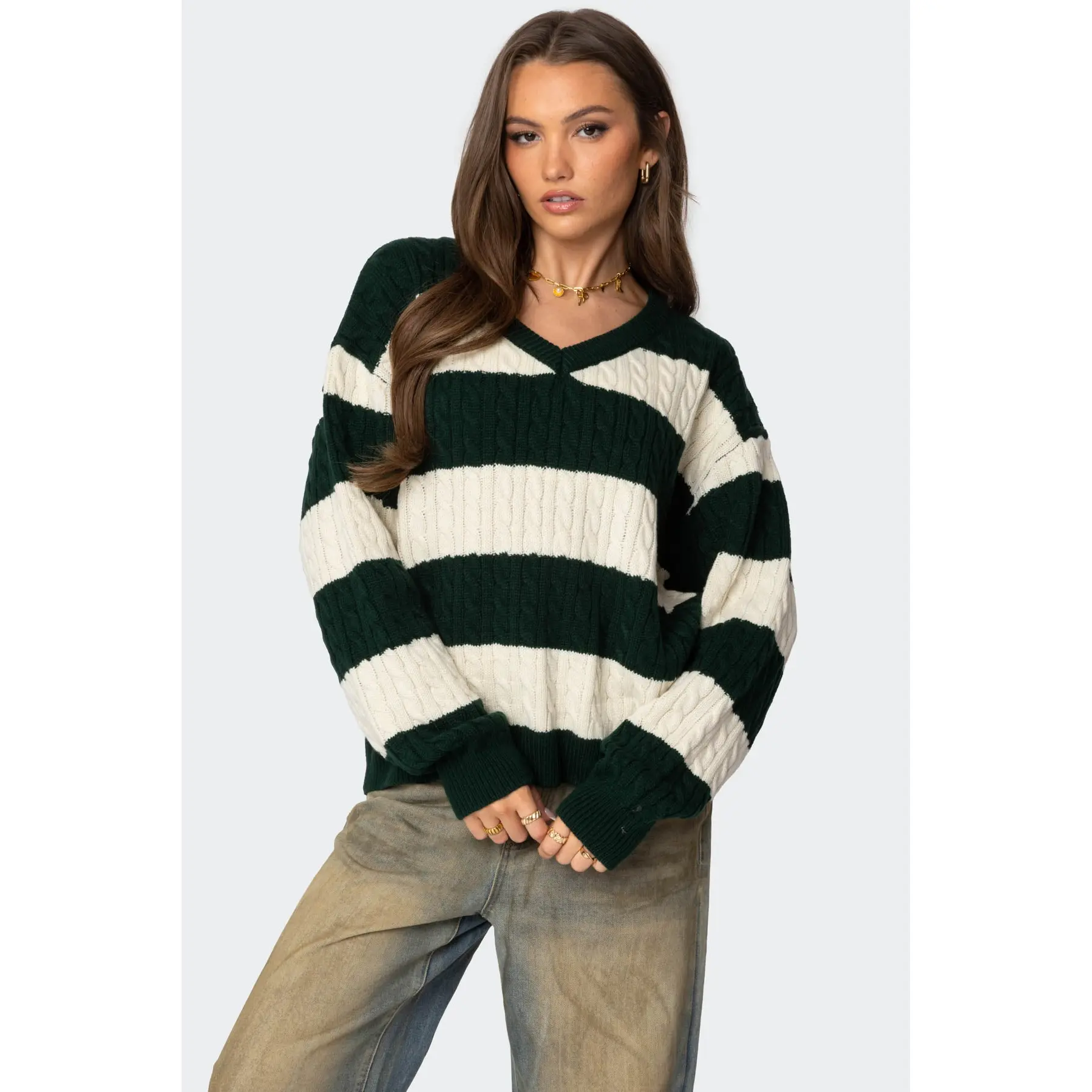 Oversized Striped Cable Knit Sweater
