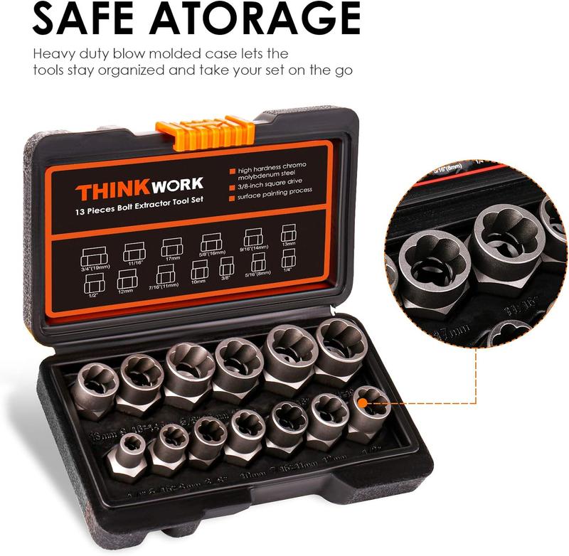 【TikTokShopBlackFriday 】THINKWORK Bolt Extractor Tool Set, 13+1 Counts Impact & Nut Remover Stripped Lug Remover, Drive Rounded Bolt Remover for Removing Damaged, Frozen Universal Impact impact bolt