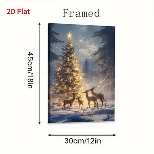 2D Flat, 2D Flat, 1pc Framed Canvas Print [2D Flat] Winter Forest Christmas Tree And Deer Decoration Painting Size 12X18Inch Suitable for Living Room Bedroom Indoor Outdoor Perfect Decoration Gift	
