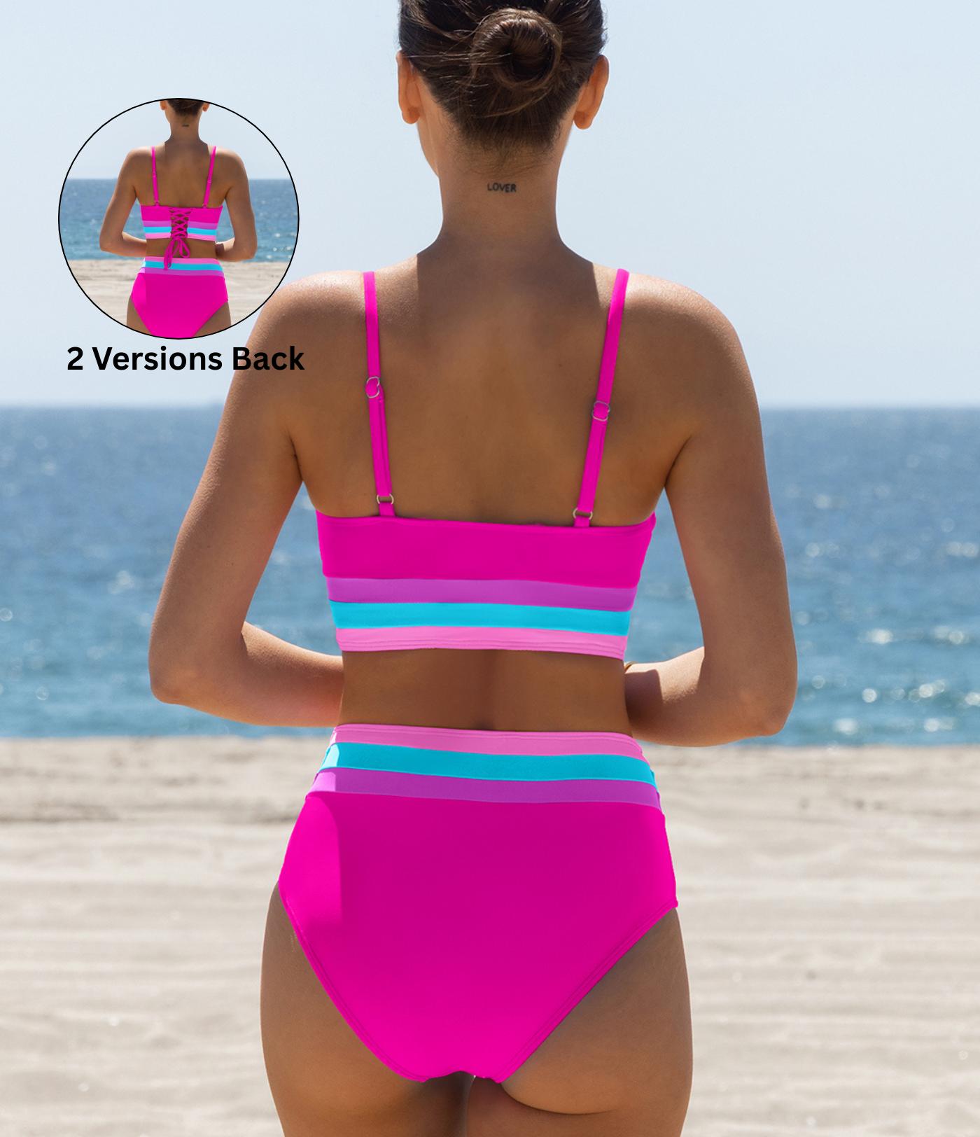 【Run half a size small】Popvil Beachball Kayaking 3 Piece Bikini Sets,Tummy Control & High Waisted Swimsuit with Adjustable Wide Shoulder Straps, Neon Color Sporty Swimsuit