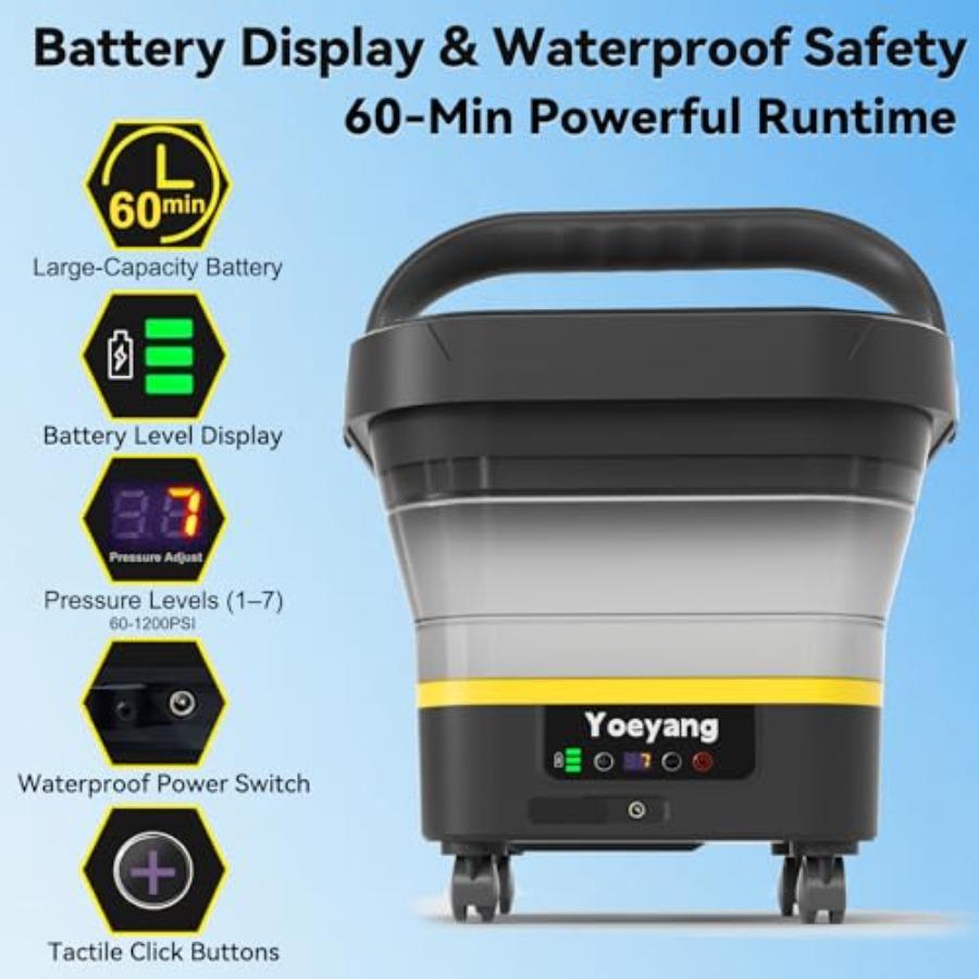 Portable Cordless Pressure Washer with Tank: 1200 PSI Foldable Power Washer 3.4 Gal Tank 7-Level Adjustable Sprayer 360 Nozzle