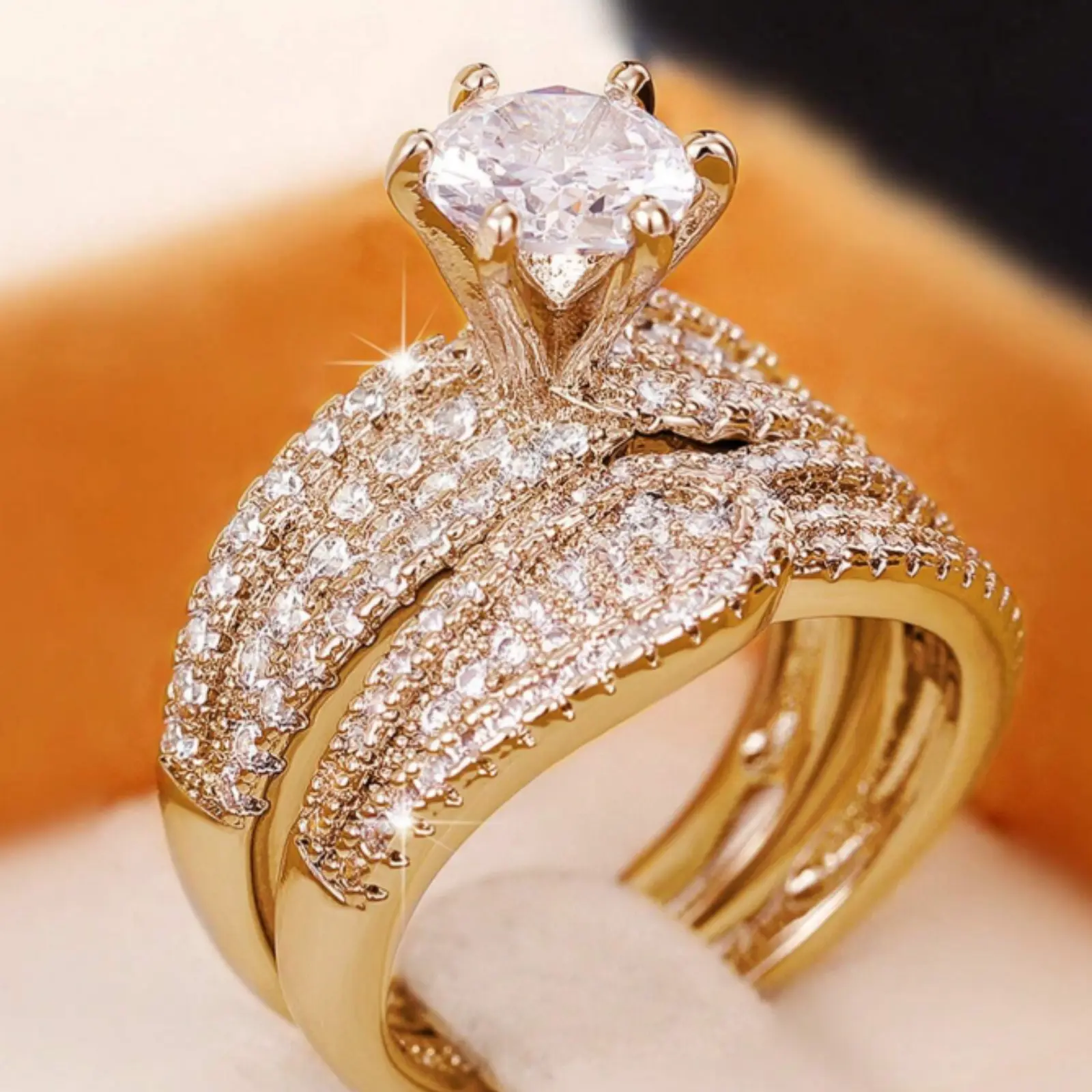 Set of 2 beautiful gold and silver plated rings with Cubic Zirconia stones for women as Valentine's Day gift, wedding/engagement anniversary, mother's day gift