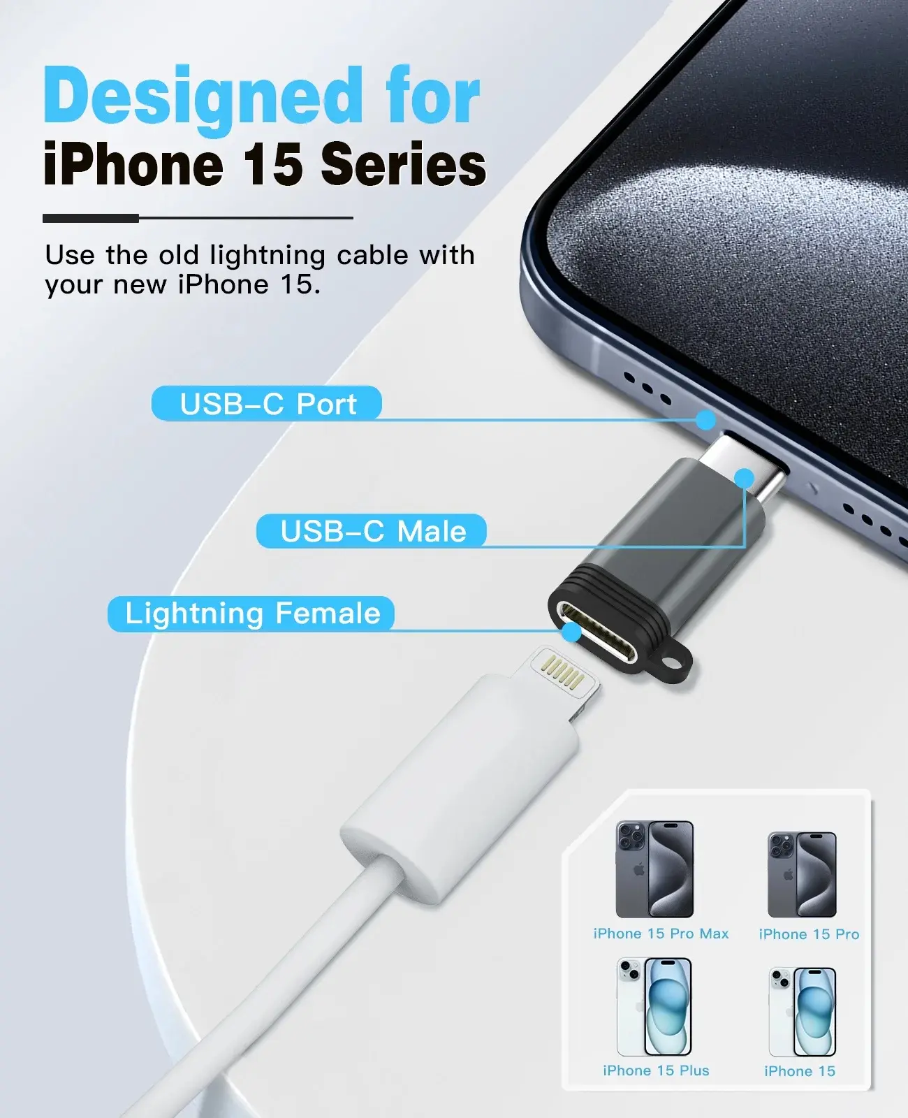 Lightning to Type-C (USB-C) Fast Charging Adapter Keychain Connector, Portable Metal Converter for Universal Cell Phone, Device and More, Compact Data Transfer & Charging Accessory with Keychain Ring