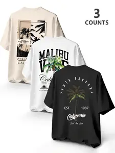 3-Pack California Tropical Palm Tree Print T-Shirts, Unisex Vintage Surf Style Tees with Malibu/Santa Barbara Graphics, Breathable Summer Tops for Beach, Casual & Streetwear