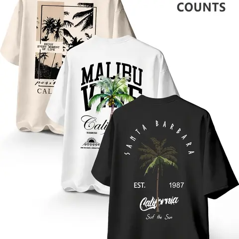 3-Pack California Tropical Palm Tree Print T-Shirts, Unisex Vintage Classic Surf Style Round Neck Tees with Malibu/Santa Barbara Graphics, Breathable Summer Tops for Beach, Casual & Streetwear