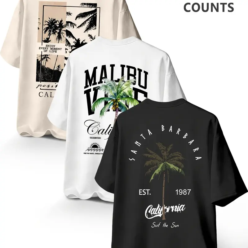 3-Pack California Tropical Palm Tree Print T-Shirts, Unisex Vintage Classic Surf Style Round Neck Tees with Malibu/Santa Barbara Graphics, Breathable Summer Tops for Beach, Casual & Streetwear