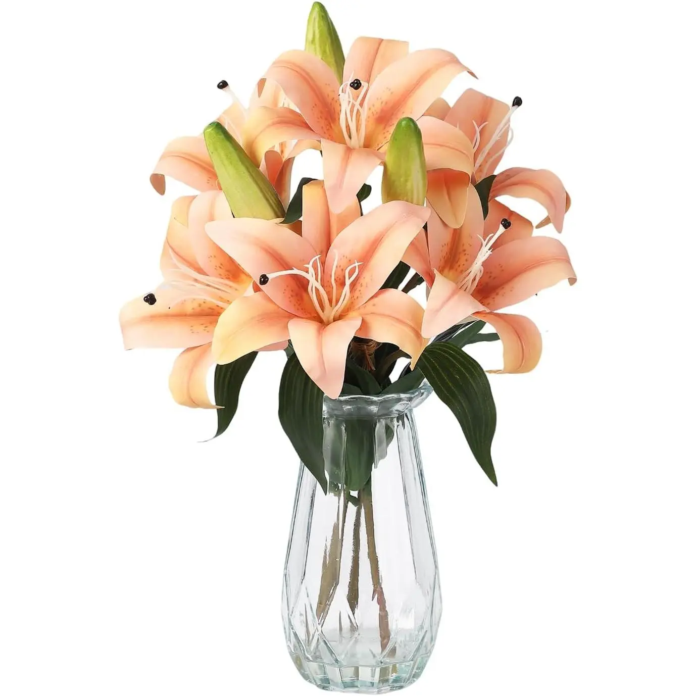 Gaomon Photorealism UV-Resistant Artificial Tiger Lily Floral Decor Set (3 Pieces with Vase) - 3 Stems, 6 Full Blooms, Champagne Ornaments, Kitchen/Home Table Centerpieces, Washable Accessories Bundle Artificial Flowers