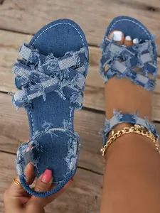 Women's Fashion Large Size Round Toe Denim Plain Cross Comfortable Breathable Casual Simple Style Flat Sandals Summer for Beach Vacation Commute